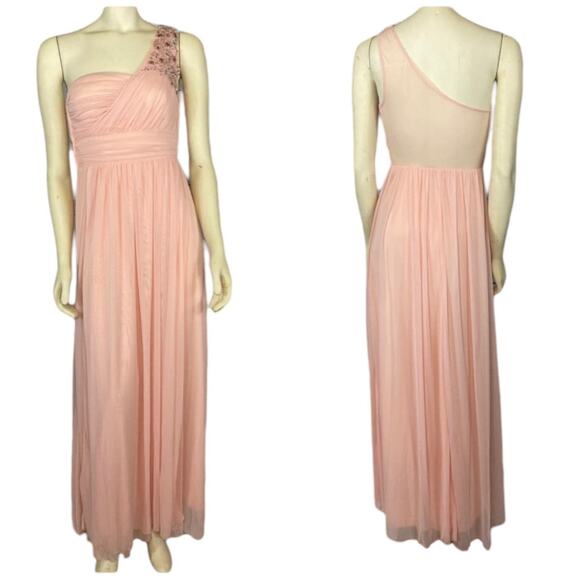 B. DARLIN Pale Peach Sequin & Chiffon one shoulder Gown size 3/4 - Picture 1 of 12